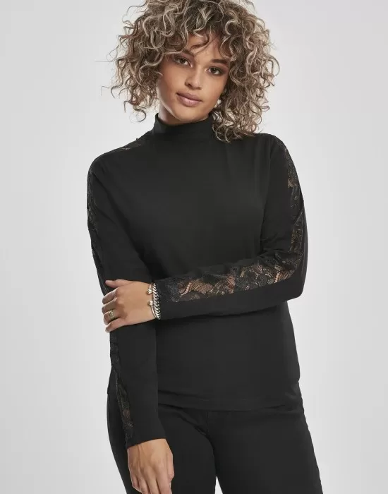 Дамска блуза в черно Urban Classics Ladies Lace Striped LS, Блузи - Hoodstyle.bg
