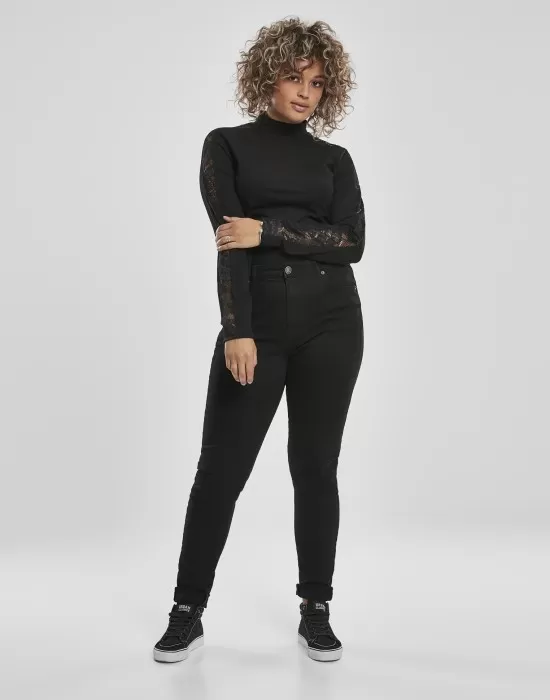 Дамска блуза в черно Urban Classics Ladies Lace Striped LS, Блузи - Hoodstyle.bg