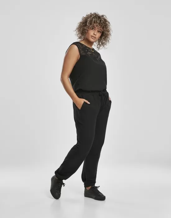 Дамски гащеризон с дантела в черен цвят Urban Classics Ladies Lace Block Jumpsuit, Панталони - Hoodstyle.bg