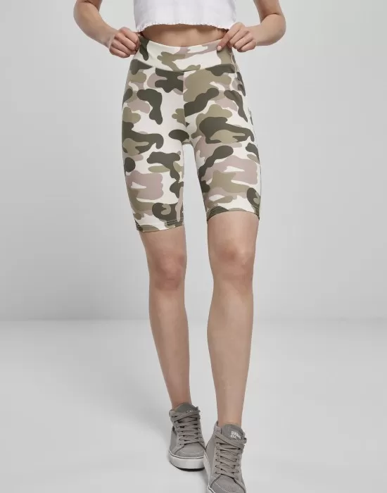Дамски къс клин в камуфлажен десен Urban Classics High Waist Camo Tech Cycle Shorts duskrose camo, Клинове - Hoodstyle.bg