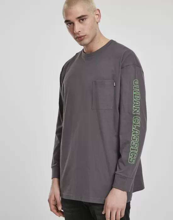 Мъжка  блуза в сиво Urban Classics Neon Logo Boxy Pocket LS, Блузи - Hoodstyle.bg