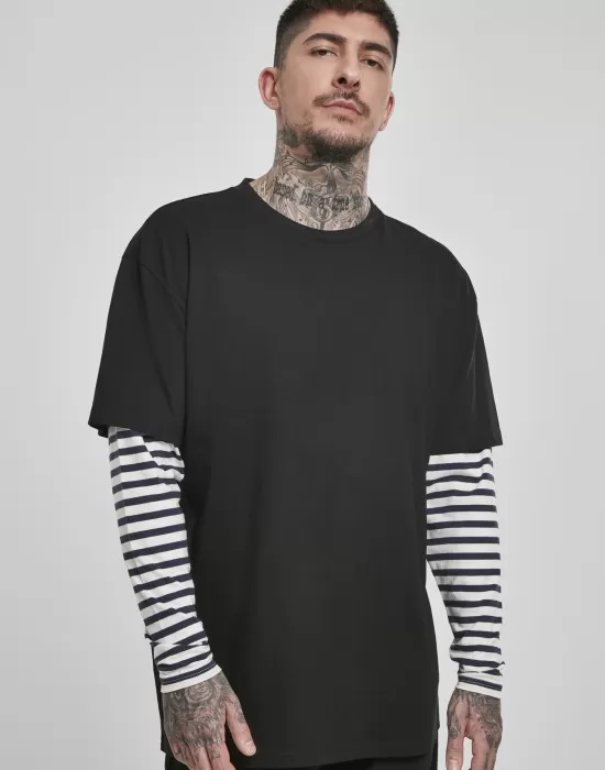 Мъжка  тениска в черно Urban Classics Oversized Double Layer Striped LS Tee, Тениски - Hoodstyle.bg