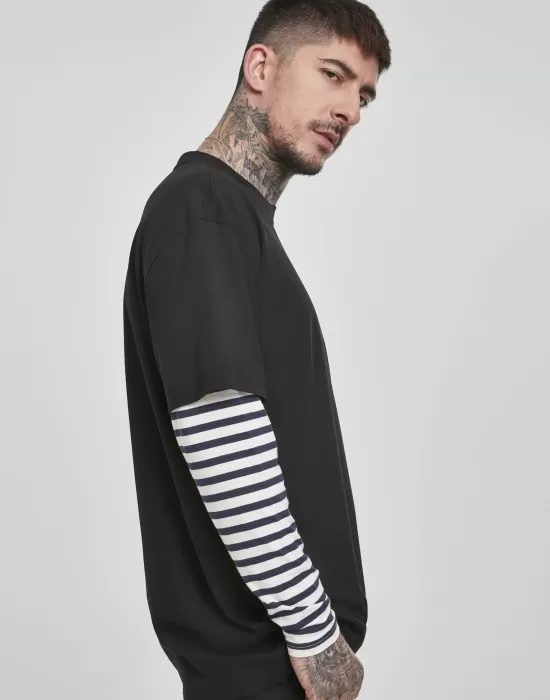 Мъжка  тениска в черно Urban Classics Oversized Double Layer Striped LS Tee, Тениски - Hoodstyle.bg
