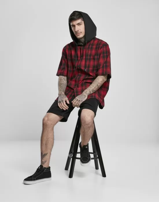 Червена карирана риза с качулка и къс ръкав Urban Classics, Ризи - Hoodstyle.bg