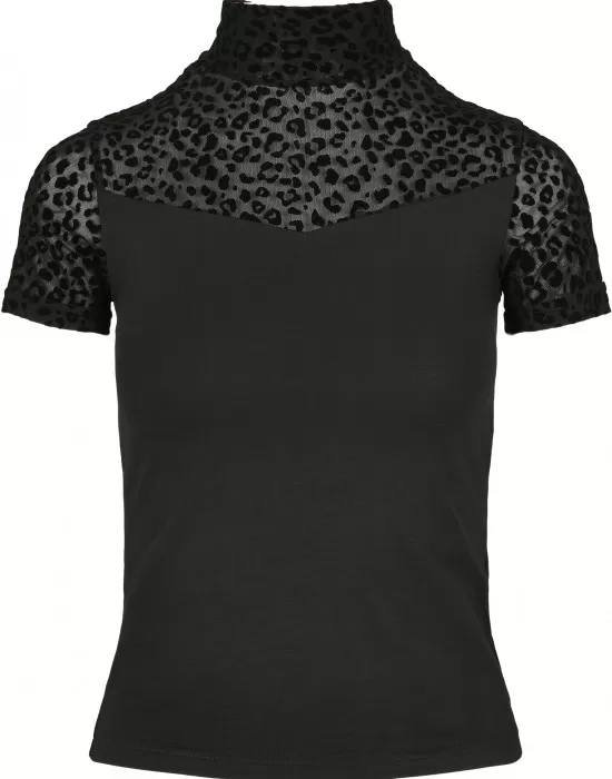 Дамска тениска в черно Urban Classics Ladies Flock Lace Turtleneck, Тениски - Hoodstyle.bg