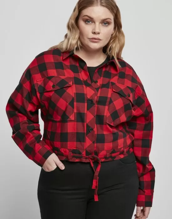 Дамска карирана риза в червено и черно Urban Classics Ladies Short Oversized Check, Блузи - Hoodstyle.bg