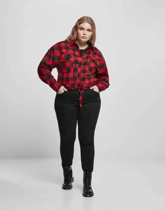 Дамска карирана риза в червено и черно Urban Classics Ladies Short Oversized Check, Блузи - Hoodstyle.bg
