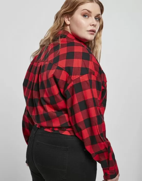 Дамска карирана риза в червено и черно Urban Classics Ladies Short Oversized Check, Блузи - Hoodstyle.bg