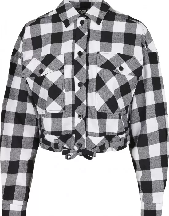 Дамска карирана риза в черно и бяло Urban Classics Ladies Short Oversized Check, Блузи - Hoodstyle.bg