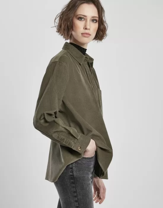 Дамска рипсена риза в цвят маслина Urban Classics Ladies Corduroy Oversized, Блузи - Hoodstyle.bg