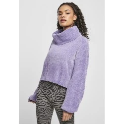 Дамски къс пуловер в лилав цвят Urban Classics Ladies Short Chenille Turtleneck Sweater