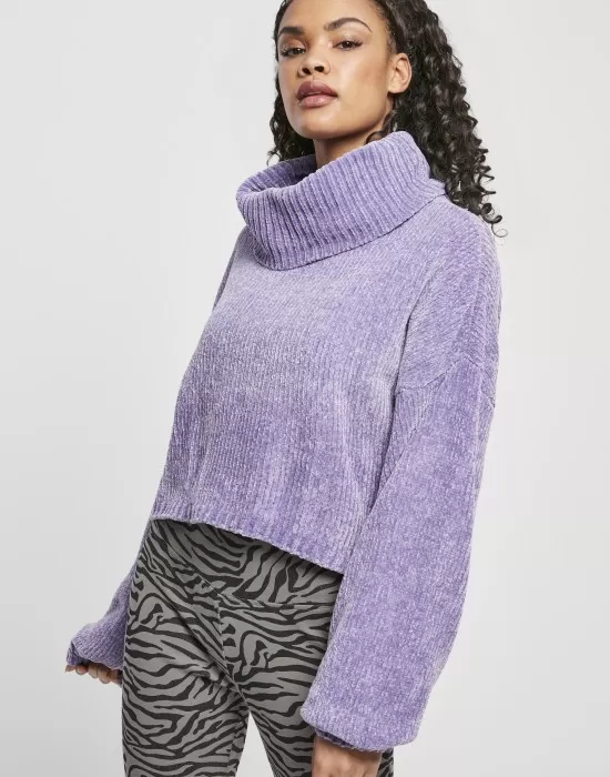 Дамски къс пуловер в лилав цвят Urban Classics Ladies Short Chenille Turtleneck Sweater, Блузи - Hoodstyle.bg