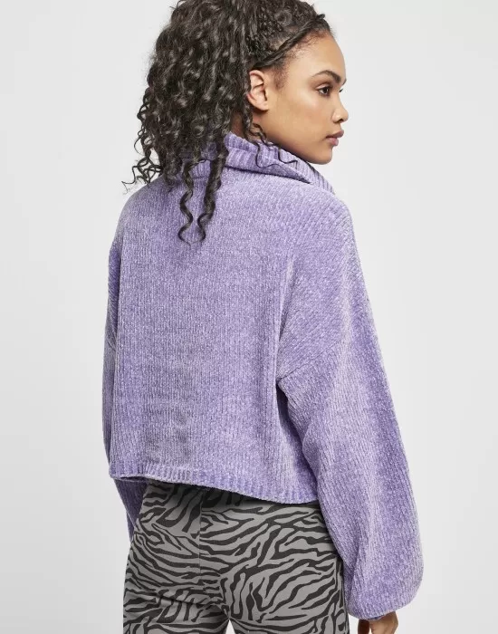 Дамски къс пуловер в лилав цвят Urban Classics Ladies Short Chenille Turtleneck Sweater, Блузи - Hoodstyle.bg