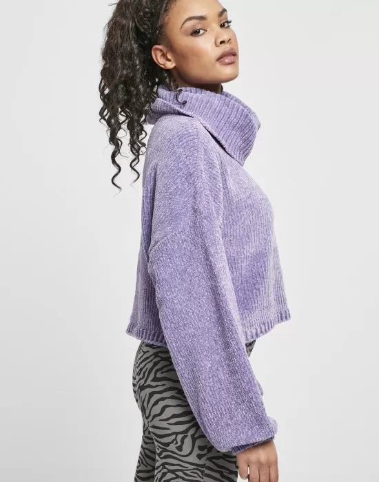 Дамски къс пуловер в лилав цвят Urban Classics Ladies Short Chenille Turtleneck Sweater, Блузи - Hoodstyle.bg
