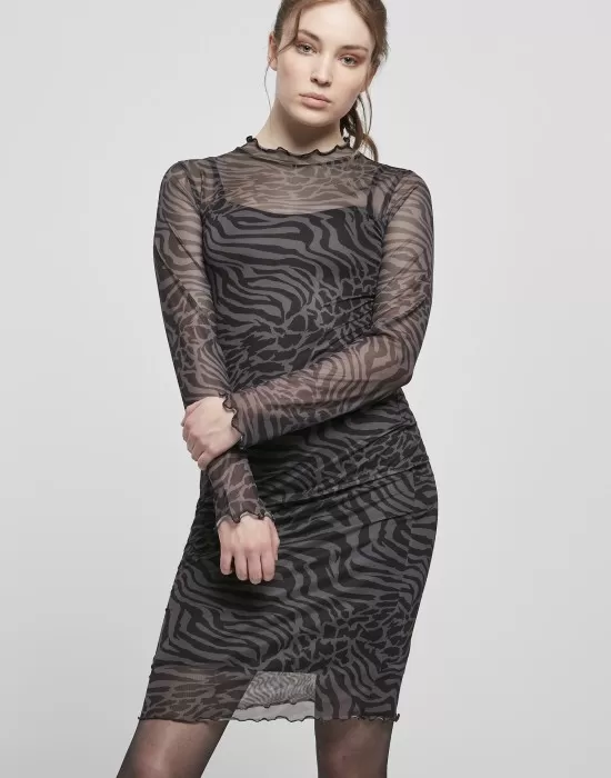 Дамска двуслойна рокля в черен цвят Urban Classics  Ladies AOP Double Layer Dress, Рокли - Hoodstyle.bg