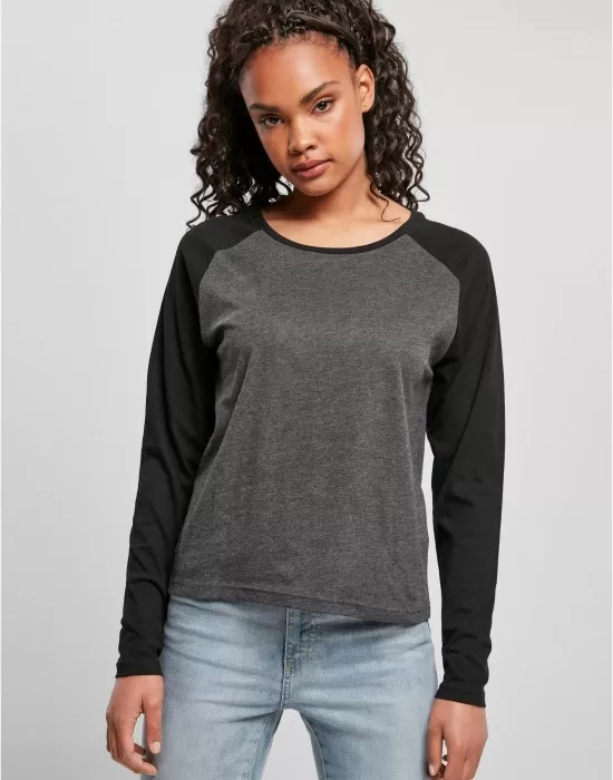 Дамска блуза в черно и сиво Ladies Contrast Longsleeve, Блузи - Hoodstyle.bg
