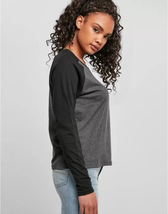 Дамска блуза в черно и сиво Ladies Contrast Longsleeve, Блузи - Hoodstyle.bg