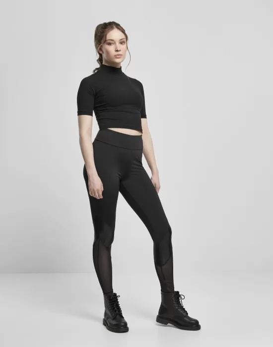 Дамски клин с висока талия в черен цвят Urban Classics Ladies Highwaist  Mixed Tech Leggings, Клинове - Hoodstyle.bg