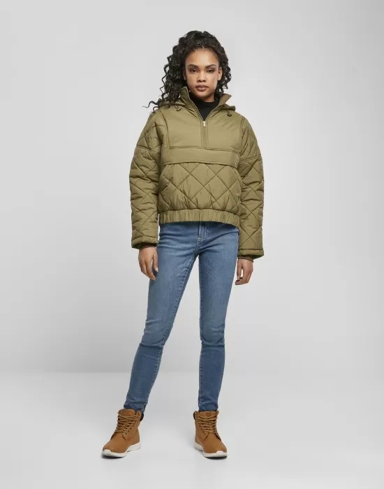 Дамско яке в цвят маслина Urban Classics Ladies Oversized Diamond Quilted Pull Over Jacket, Якета - Hoodstyle.bg