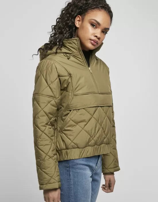 Дамско яке в цвят маслина Urban Classics Ladies Oversized Diamond Quilted Pull Over Jacket, Якета - Hoodstyle.bg