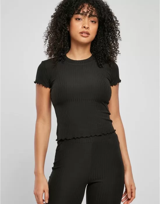 Дамска тениска в черен цвят Urban Classics Ladies Short Rib Tee, Тениски - Hoodstyle.bg