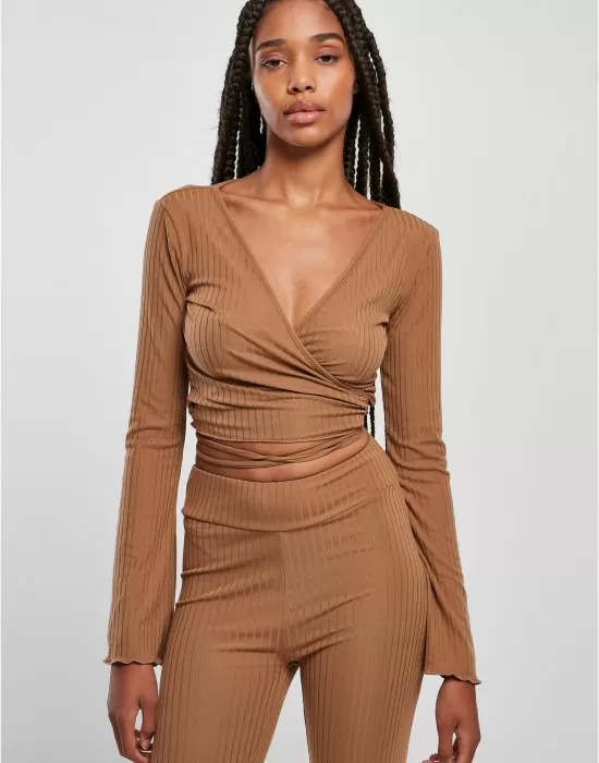Дамска блуза в бежов цвят Urban Classics Rib Wrapped Longsleeve, Блузи - Hoodstyle.bg