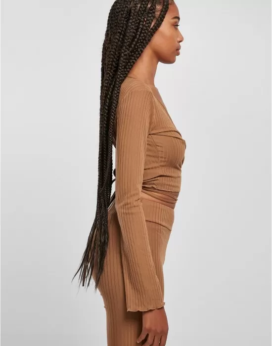 Дамска блуза в бежов цвят Urban Classics Rib Wrapped Longsleeve, Блузи - Hoodstyle.bg