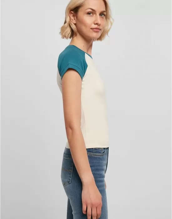 Дамска тениска в цвят екрю с цветни ръкави Urban Classics whitesand/jasper, Тениски - Hoodstyle.bg