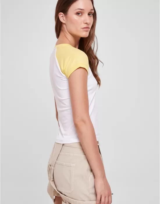 Дамска тениска в цвят екрю с цветни ръкави Urban Classics white/vintagesun, Тениски - Hoodstyle.bg