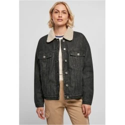 Дамско дънково яке с пухкава яка в черно Ladies Denim Jacket