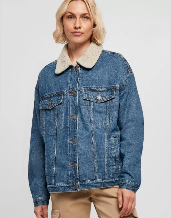 Дамско дънково яке с пухкава яка в синьо Ladies Denim Jacket, Якета - Hoodstyle.bg