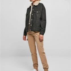 Дамско дънково яке с пухкава яка в черно Ladies Denim Jacket