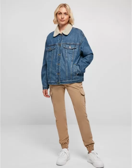 Дамско дънково яке с пухкава яка в синьо Ladies Denim Jacket, Якета - Hoodstyle.bg