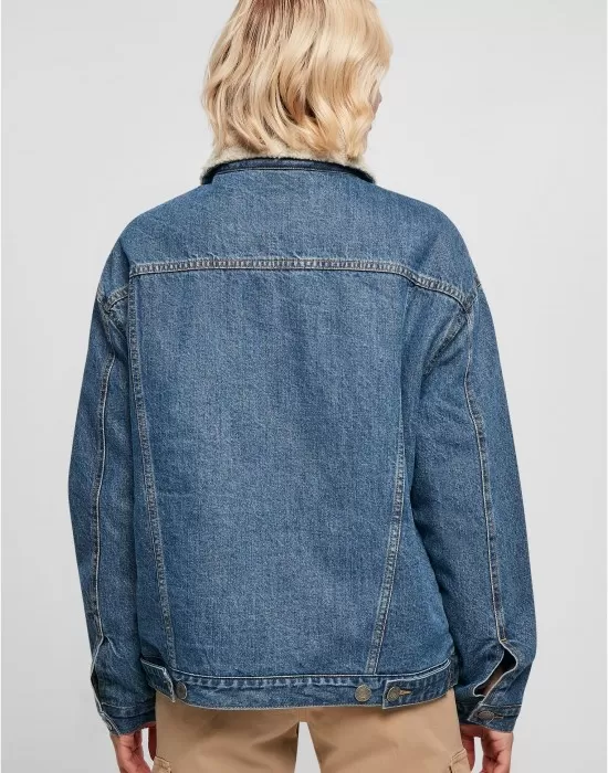 Дамско дънково яке с пухкава яка в синьо Ladies Denim Jacket, Якета - Hoodstyle.bg