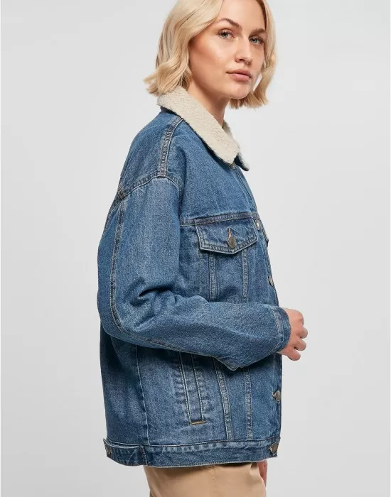 Дамско дънково яке с пухкава яка в синьо Ladies Denim Jacket, Якета - Hoodstyle.bg