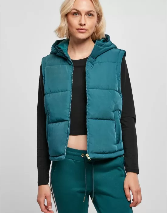 Дамска грейка с качулка в цвят тюркоаз Urban Classics Puffer Vest, Якета - Hoodstyle.bg