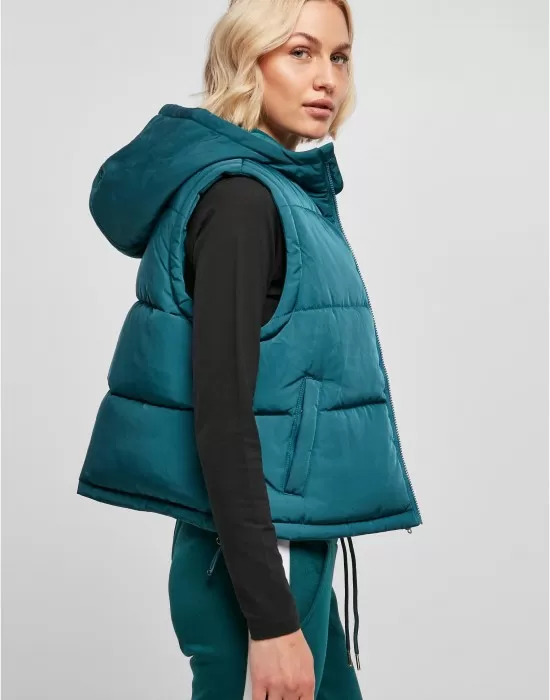 Дамска грейка с качулка в цвят тюркоаз Urban Classics Puffer Vest, Якета - Hoodstyle.bg