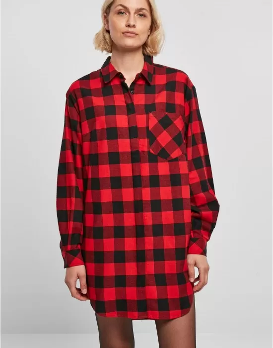 Дамска карирана риза тип рокля Urban Classics Shirt Dress black/red XXL, Рокли - Hoodstyle.bg