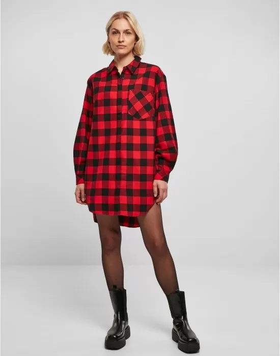 Дамска карирана риза тип рокля Urban Classics Shirt Dress black/red XXL, Рокли - Hoodstyle.bg