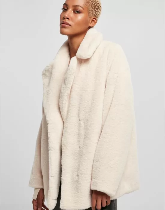 Дамско пухкаво палто в цвят екрю Urban Classics Ladies Teddy, Якета - Hoodstyle.bg