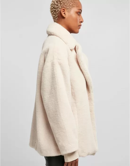 Дамско пухкаво палто в цвят екрю Urban Classics Ladies Teddy, Якета - Hoodstyle.bg