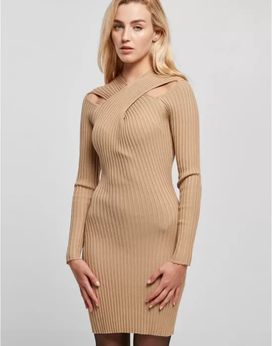 Дамска плетена рокля в бежов цвят Urban Classics Crossed Rib Knit Dress, Рокли - Hoodstyle.bg
