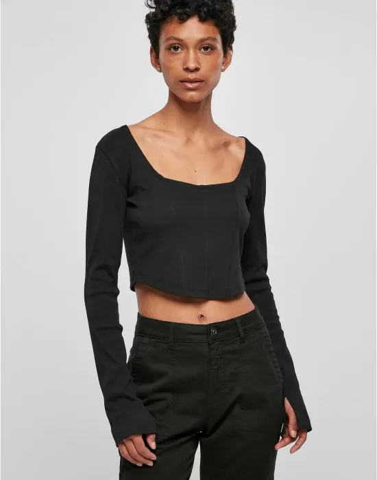Дамска къса блуза с дълги ръкави в черен цвят Urban Classics Corsage Longsleeve, Блузи - Hoodstyle.bg