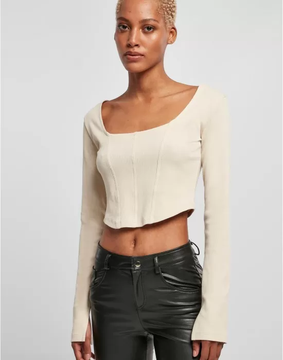 Дамска къса блуза с дълги ръкави в цвят екрю Urban Classics Corsage Longsleeve, Блузи - Hoodstyle.bg