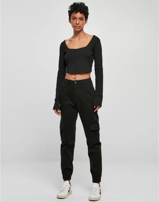 Дамска къса блуза с дълги ръкави в черен цвят Urban Classics Corsage Longsleeve, Блузи - Hoodstyle.bg