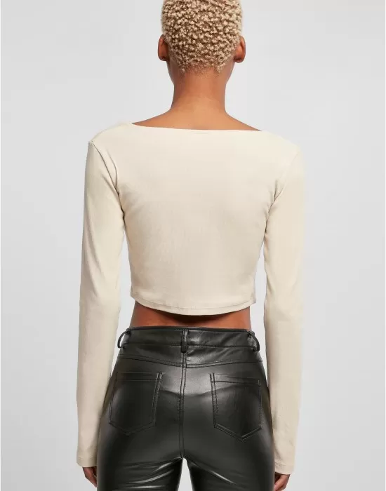 Дамска къса блуза с дълги ръкави в цвят екрю Urban Classics Corsage Longsleeve, Блузи - Hoodstyle.bg