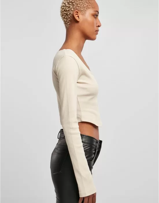 Дамска къса блуза с дълги ръкави в цвят екрю Urban Classics Corsage Longsleeve, Блузи - Hoodstyle.bg