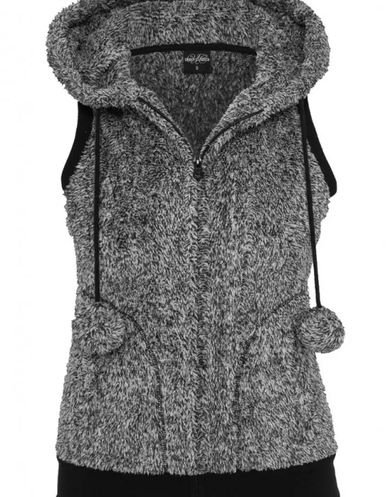 Дамска жилетка без ръкави в черно-бял меланж Urban Classics Ladies Melange Teddy Zip Vest, Жилетки - Hoodstyle.bg