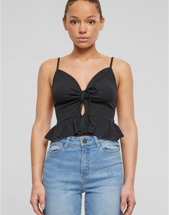 Дамски топ в черен цвят Urban Classics Ladies Waffle Pique Ruffle, Топове - Hoodstyle.bg