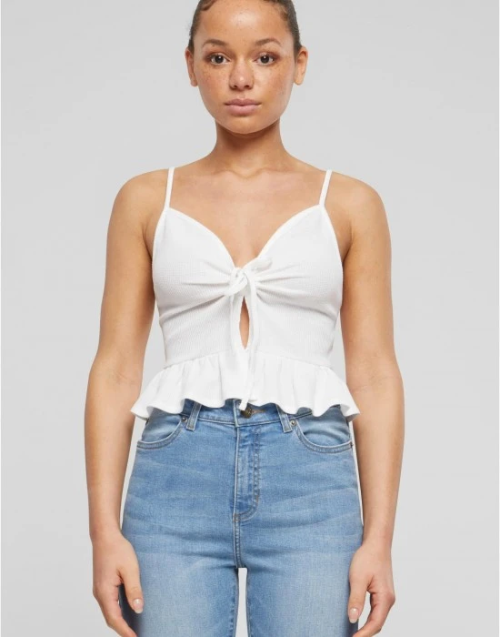 Дамски топ в бял цвят Urban Classics Ladies Waffle Pique Ruffle, Топове - Hoodstyle.bg